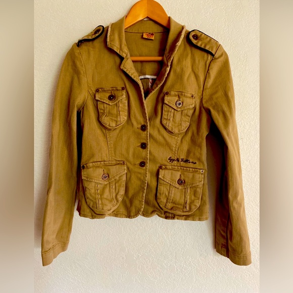Apple Bottoms Jackets & Blazers - Vintage APPLE BOTTOMS Brown Denim Jacket Bomber Army Moto SZ MEDIUM EUC!